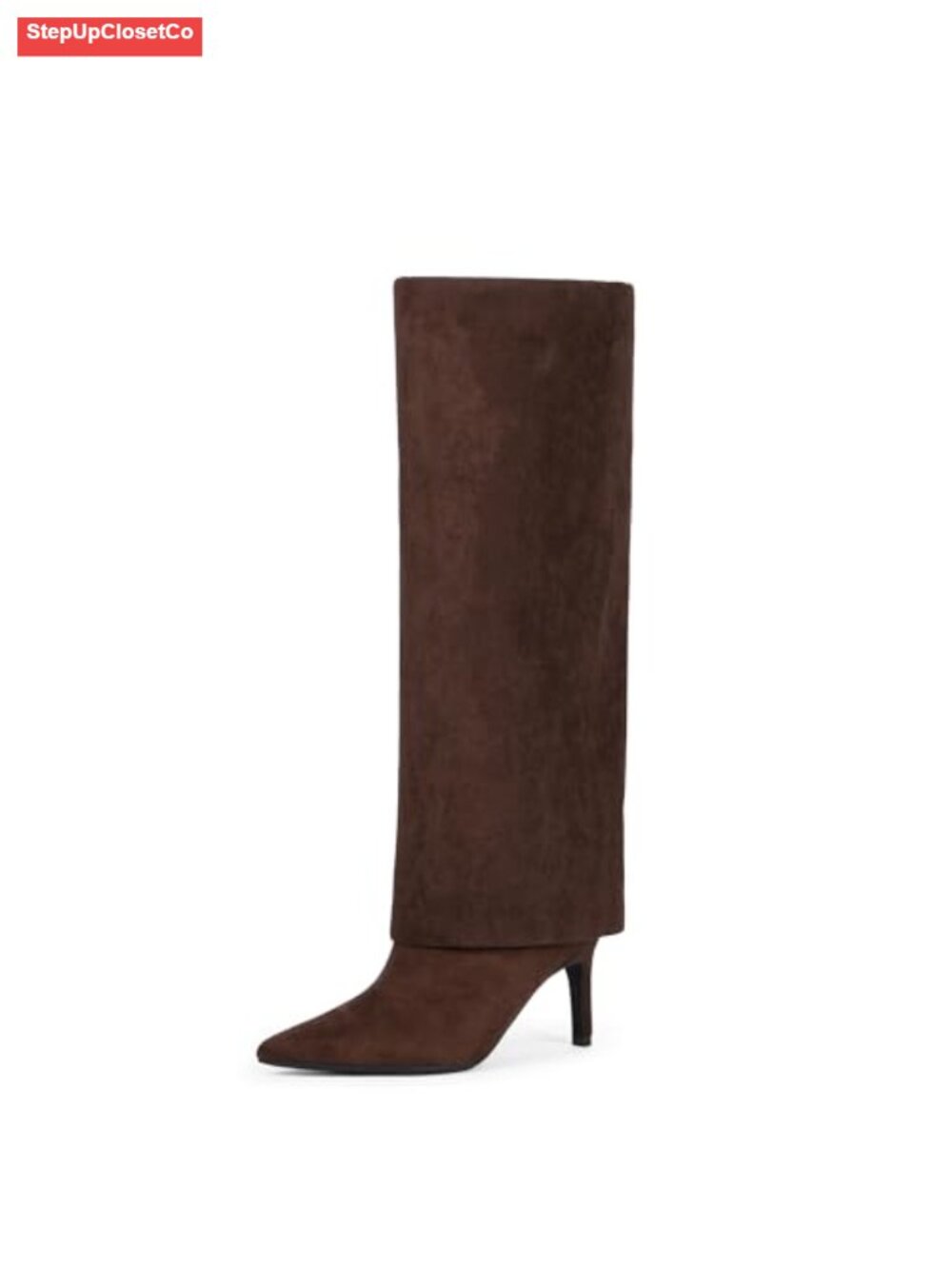 Wide Calf Knee High Boots Fold Over Faux Suede Stiletto Heel